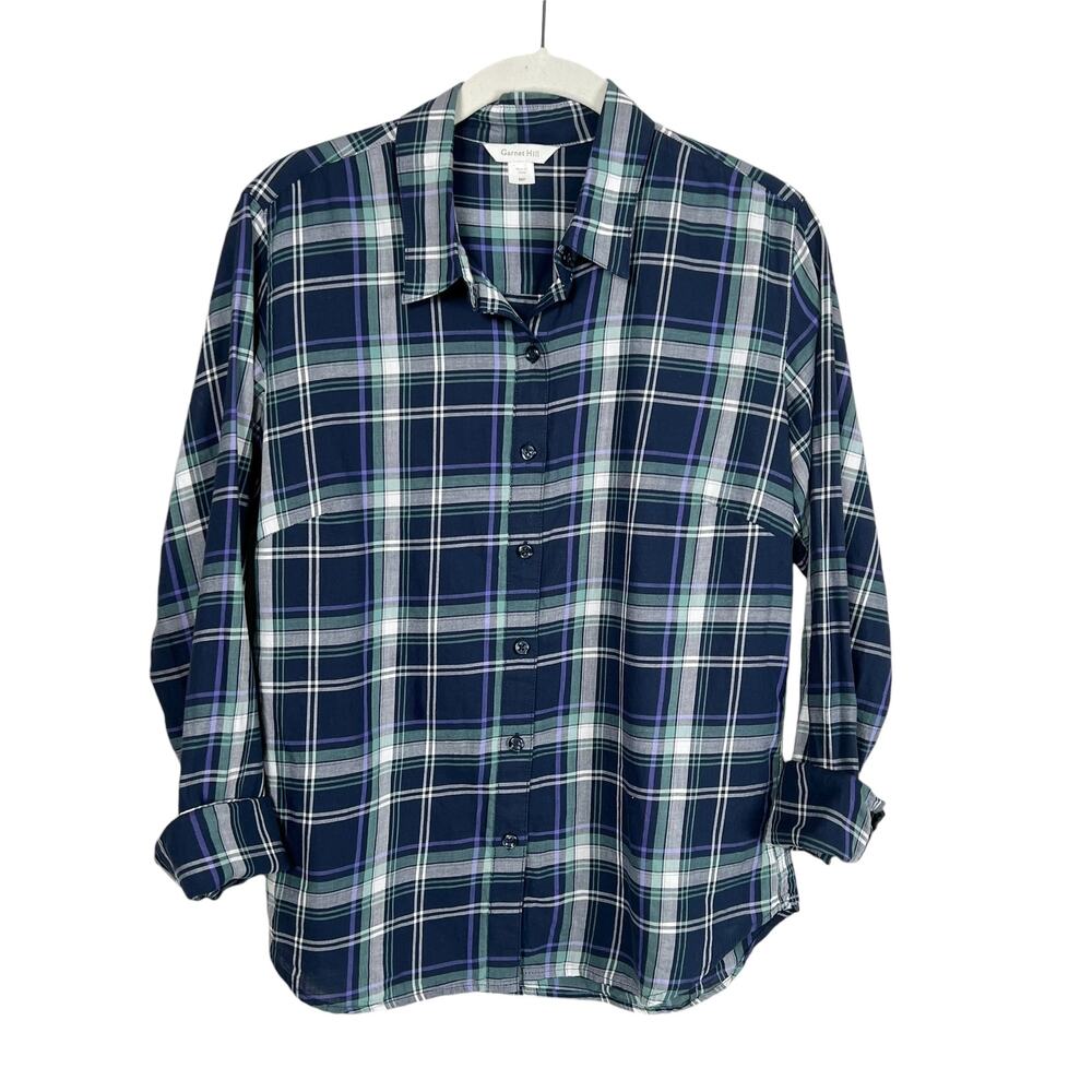 Garnet Hill Essential Cotton Shirt Blue Plaid Button-Up Women's 6P